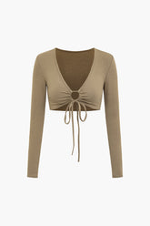 Deep V-neck Drawstring Long Sleeve Crop Top