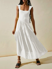 Backless Elasticity Lace-Up Pleated Solid Color Split-Joint Loose Sleeveless Square-Neck Maxi Dresses