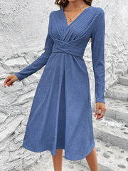 Long Sleeves Loose Pleated Solid Color Split-Joint V-Neck Midi Dresses