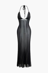 Tie Halter Mesh Backless Maxi Dress