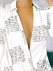 Letter Print High-low Long Sleeves Lapel Shirt Dress Mini Dresses