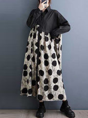 Asymmetric Buttoned Polka-Dot Split-Joint A-Line Long Sleeves Lapel Shirt Dress Midi Dresses