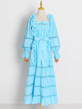 Bohemia Long Sleeves Loose Solid Color U-Neck Maxi Dress