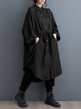 Buttoned Pleated Solid Color Split-Joint Tied Batwing Sleeves Long Sleeves Lapel Outerwear Midi Dresses