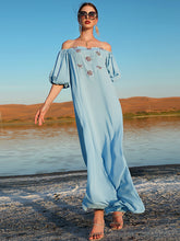 Vacation Loose Puff Sleeves Solid Color One-Shoulder Dress