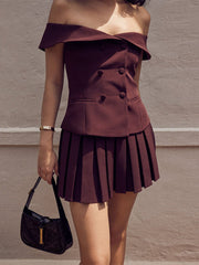 Folds Dress Sets Women Sexy Off Shoulder Sleeveless Button Crop Tops Female Street Casual Mini Skirt Sets Womens OutfitsChristmas Gifts