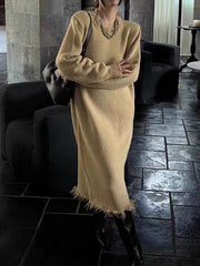 Fringed Solid Color High Waisted Long Sleeves Round-Neck Sweater Dresses Midi Dresses