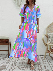Contrast Color High-Waisted Printed Loose Short Sleeves V-neck Maxi Dresses