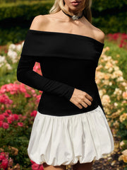 High Waisted Long Sleeves Contrast Color Pleated Split-Joint Off-The-Shoulder Mini Dresses