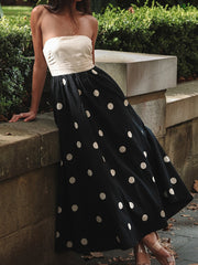Polka Dots Printed Color-Block Sleeveless Tube Elegant Maxi Dresses
