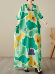 Color-Block Contrast Color Batwing Sleeves Loose Round-Neck Maxi Dresses