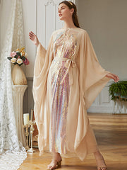 Loose A-Line Lace-Up Embroidered Solid Dress