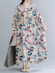 Casual Floral Printed Split-Joint Round-Neck Flared Batwing Sleeves Loose Maxi Dress