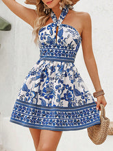 A-Line High Waisted Elasticity Flower Print Hollow Halter-Neck Mini Dresses