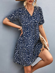 Short Sleeves Flower Print Split-Joint V-Neck Mini Dresses