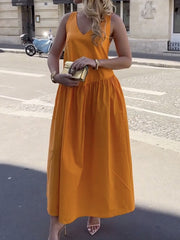 Pleated Solid Color Split-Joint A-Line Sleeveless V-Neck Maxi Dresses