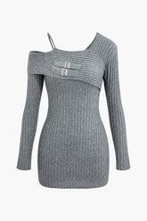 Asymmetrical Belted Detail Rib Knit Mini Dress