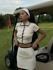 Contrast Color Knitted Mini Skirt Suit Women's Short Sleeve T-shirt Slim High Waisted Skirts Matching Sets Casual FashionChristmas Gifts