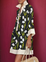 Buttoned Flower Print A-line Loose Stand Collar Mini Dresses