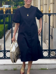 A-Line Loose Pleated Pockets Solid Color Round-Neck Midi Dresses