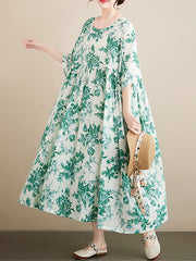 Floral Printed Pleated Split-Joint Loose Short Sleeves Round-Neck Midi Dresses