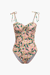 Floral Print Tie Strap One-piece Swimsuit And Knot Sarong Skirt Set