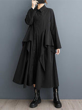 A-Line Long Sleeves Buttoned Pockets Ruffle Trim Solid Color Lapel Midi Dresses