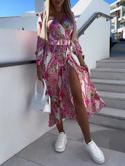 Belted Elasticity Flower Print Split-Front High Waisted Long Sleeves V-Neck Midi Dresses