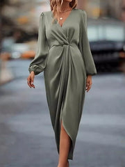 Pleated Solid Color Split-Joint Loose Puff Sleeves V-neck Midi Dresses