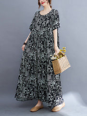 Vacation Loose Short Sleeves Floral Printed Contrast Color Round-Neck Midi Dresses