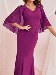 Gauze Solid Color Split-Joint Zipper Batwing Sleeves Bodycon V-Neck Maxi Dresses