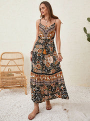 Bohemia Sleeveless Loose Floral Printed Lace-Up V-Neck Midi Dress