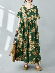 Flower Print Pleated Pockets Half Sleeves Loose Round-neck Midi Dresses