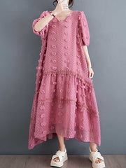 Elasticity Jacquard Solid Color Split-Joint A-Line Half Sleeves V-Neck Midi Dresses