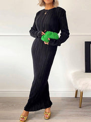 Pleated Solid Color Split-Joint Long Sleeves Skinny Round-Neck Maxi Dresses
