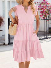 Pleated Pockets Solid Color Split-Joint Loose Ruffle Sleeves V-Neck Midi Dresses