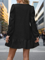 A-Line Long Sleeves Jacquard Pleated Solid Color Split-Joint Round-Neck Mini Dresses