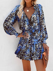 Contrast Color Leopard Pleated Split-Joint Tied A-Line Long Sleeves V-Neck Mini Dresses