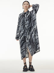 Original Creation Long Sleeves Buttoned Printed Lapel Midi Dresses