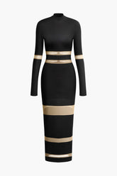 Mesh Patchwork Mock Neck Long Sleeve Maxi Dress