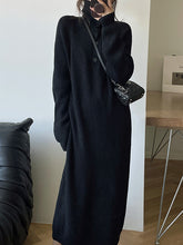 Simple Long Sleeves Loose Buttoned Solid Color High-Neck Sweater Dresses