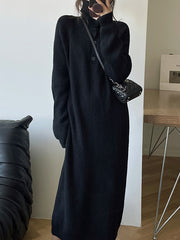 Simple Long Sleeves Loose Buttoned Solid Color High-Neck Sweater Dresses