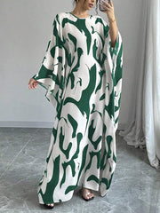 Batwing Sleeves Loose Contrast Color Printed Round-Neck Maxi Dresses