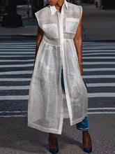 Cap Sleeve Loose Buttoned Pockets See-Through Split-Joint Transparent Lapel Midi Dresses Shirt Dress