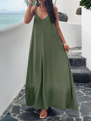 Pleated Solid Color Split-Joint Loose Sleeveless Spaghetti-Neck Maxi Dresses