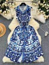 Belt Buckle Buttoned Contrast Color Floral Printed Sleeveless Midi Dresses