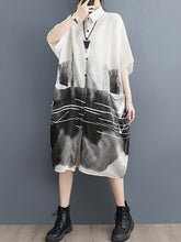 Pockets Printed Half Sleeves Loose Lapel Midi Dresses