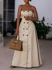 Belted Buttoned A-Line Loose Tube Maxi Dresses