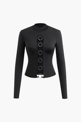 O-ring Front Mock Neck Long Sleeve Top