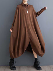 Buttoned Pockets Solid Color Split-Joint A-Line Long Sleeves Lapel Shirt Dress Midi Dresses